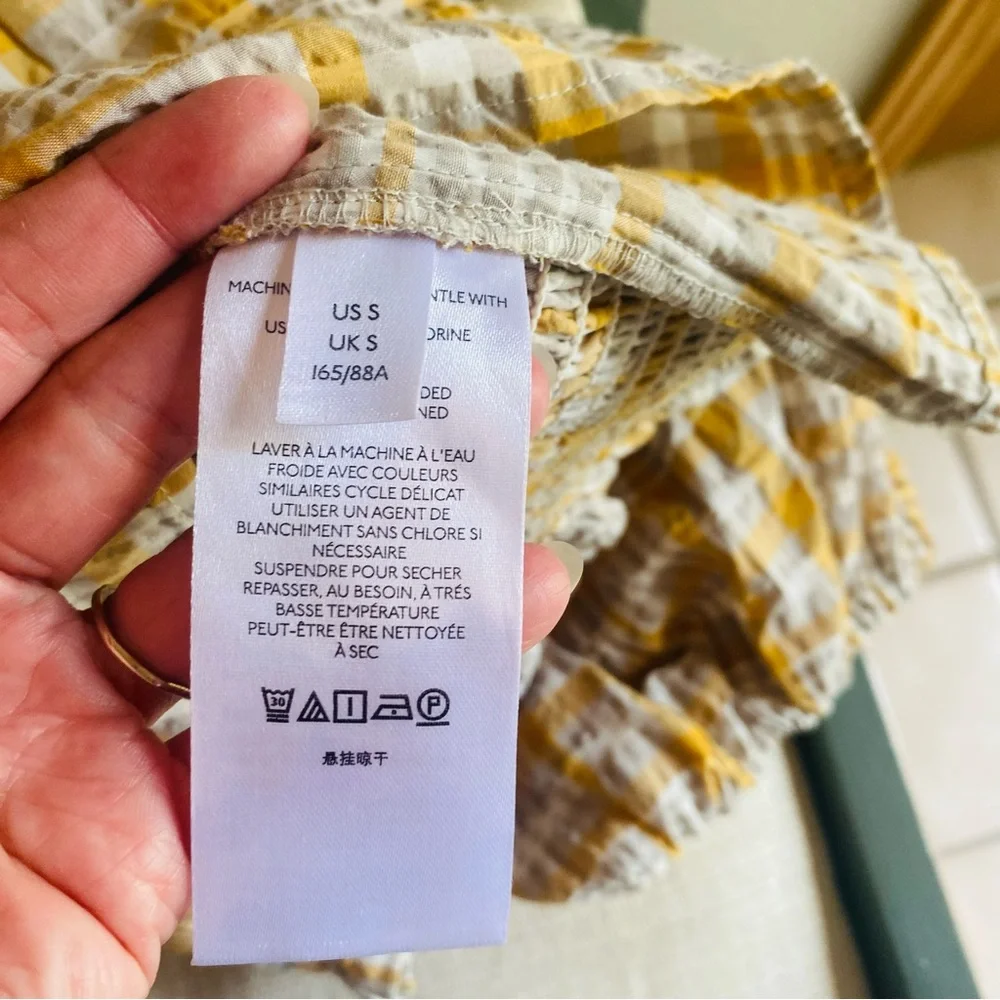 Anthropologie Maeve Plaid Print Square-Neck Blouse Puff Sleeves Cream Yellow Top